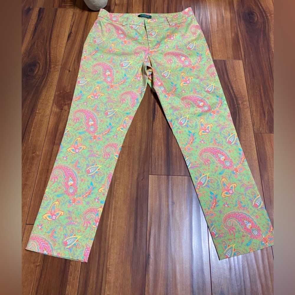 Lauren Ralph Lauren Paisley Pants Green Stretch Cotton Size 12